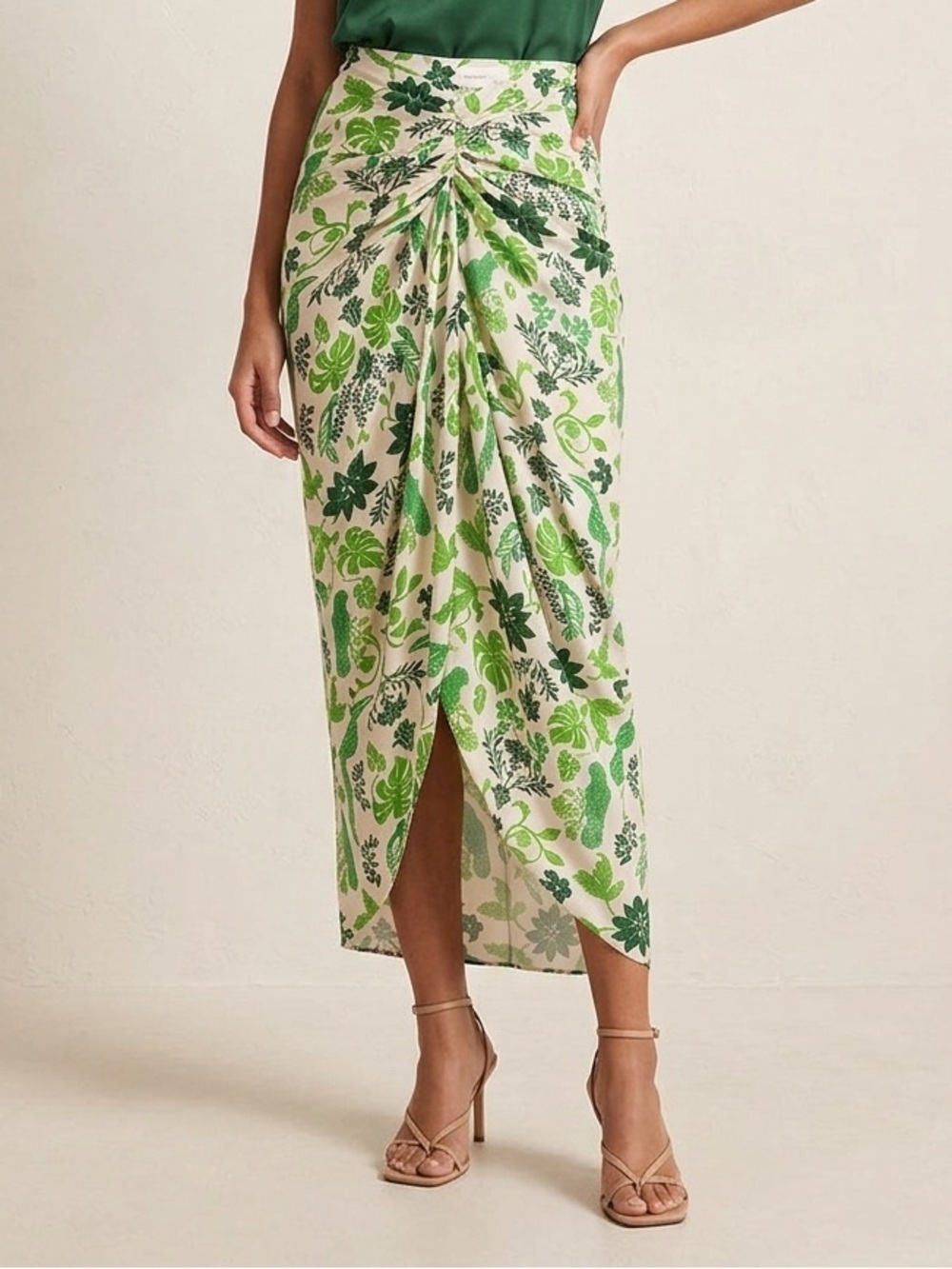 ANDRES OTALORA Green Leaf Print Twist-Front Maxi Skirt (104)